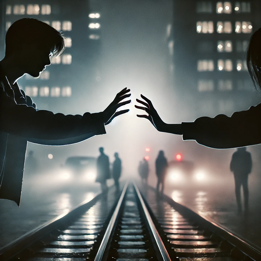 Two people almost touching hands above train rails in a dark night.