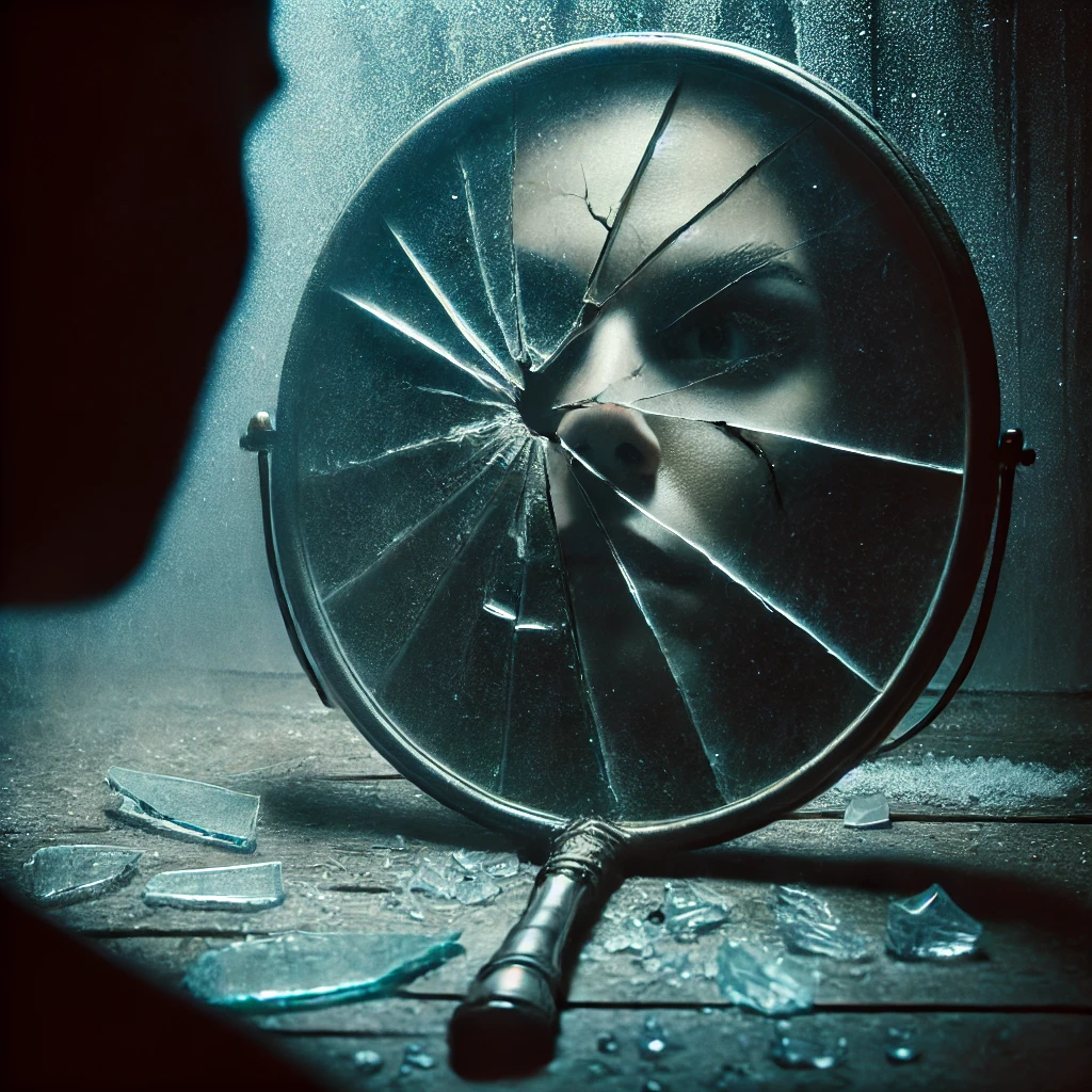 A person looking himself at a broken mirror and sees his broken reflection
