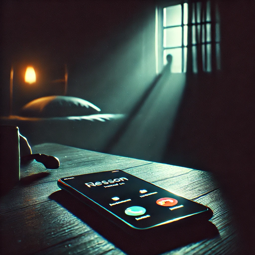 A phone on a table ringing but there is no one to answer it.