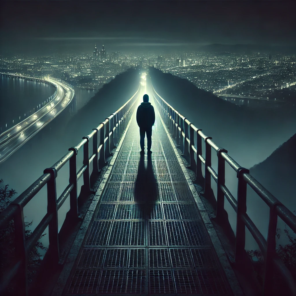 Lonely man standing on a bridge high above a night lights of the city.