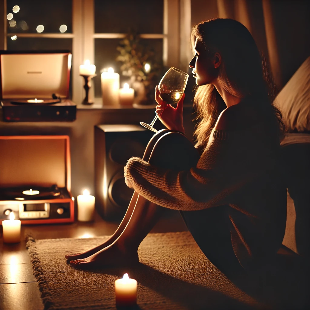 A woman enjoying solitude at home, sipping wine by candlelight, lost in music. The scene is warm, intimate, and peaceful, embracing quiet self-connection.