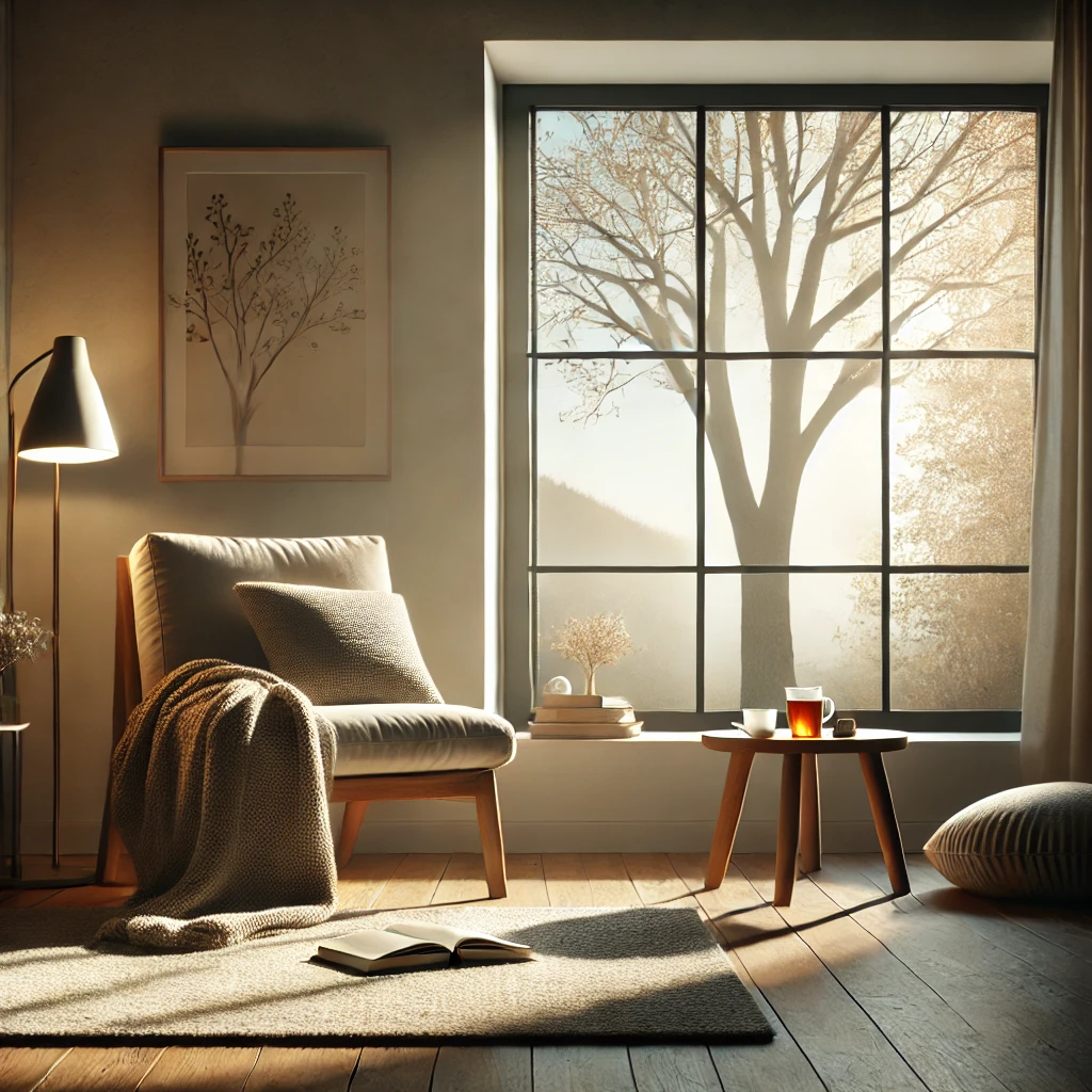 A peaceful minimalist room with a cozy reading nook by a large window overlooking nature. Sunlight streams in, creating a calm and reflective atmosphere, perfect for embracing solitude.