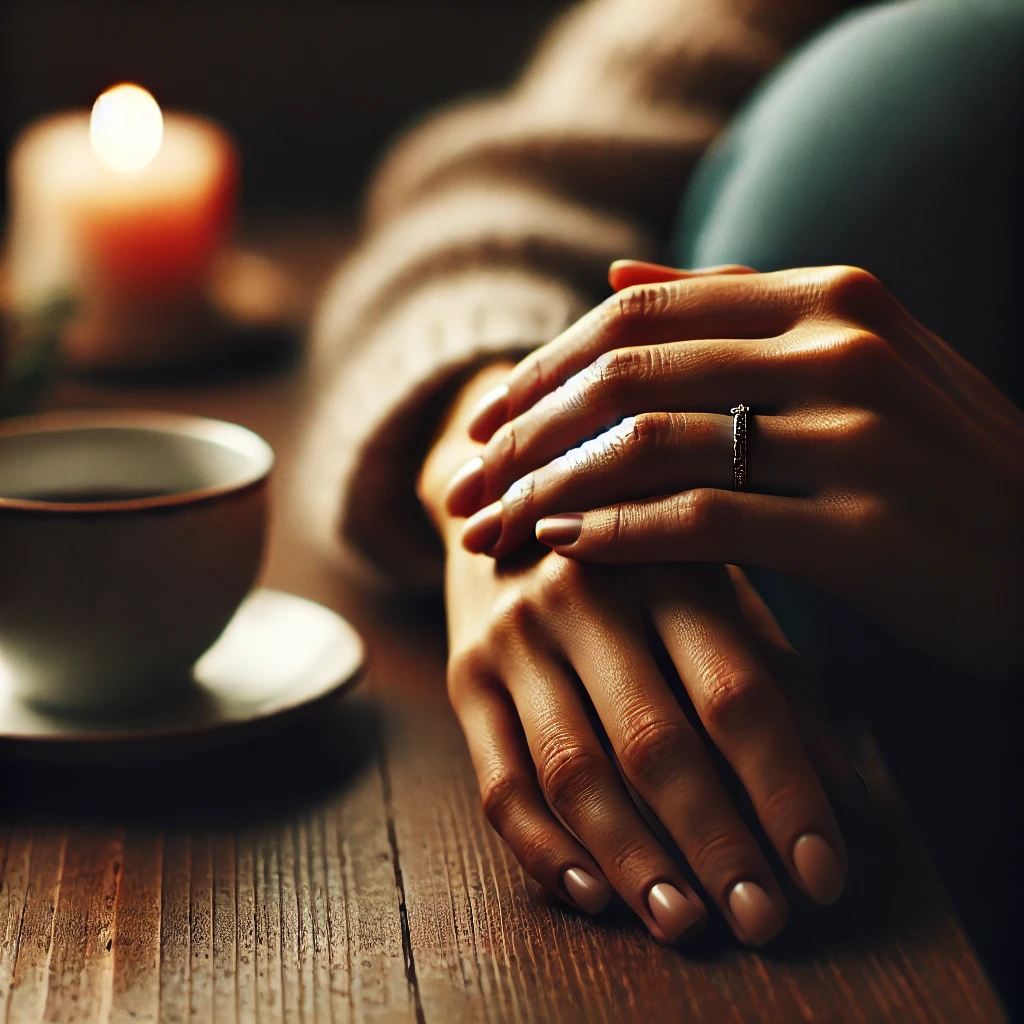 A close-up of a woman’s hands fidgeting with her wedding ring, reflecting on the moment she cheated on her husband.