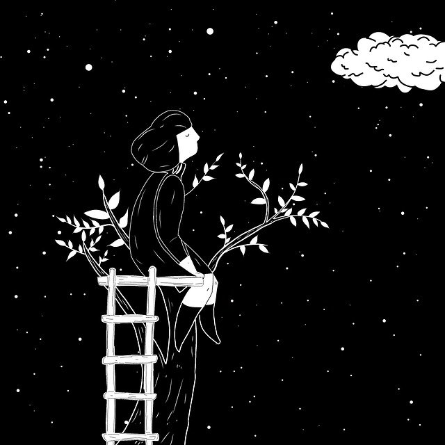 An illustrative image of a woman standing high in the sky embracing solitude.