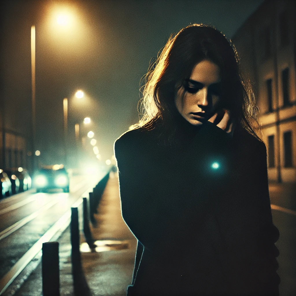 A woman walks alone on a deserted city street at night, burdened by the guilt of cheating on her husband.