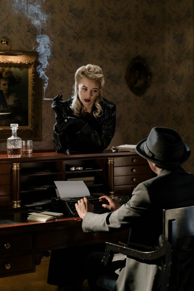 Why are beautiful women lonely? A retro image of a blond woman smoking cigarette and staring seductively at a sitting man with a hat