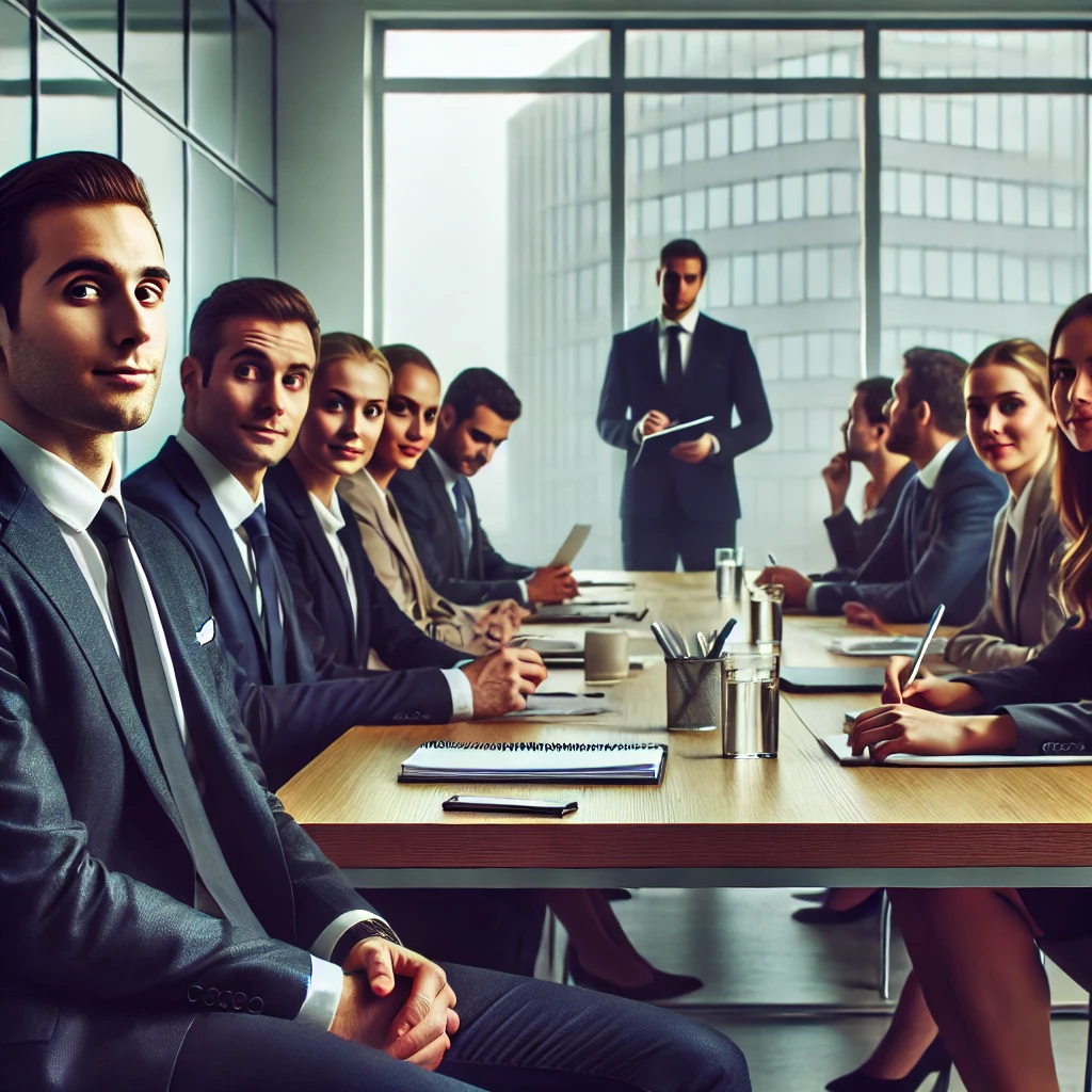 An office meating where people are staring at the cameraman who is acting dumb on purpose