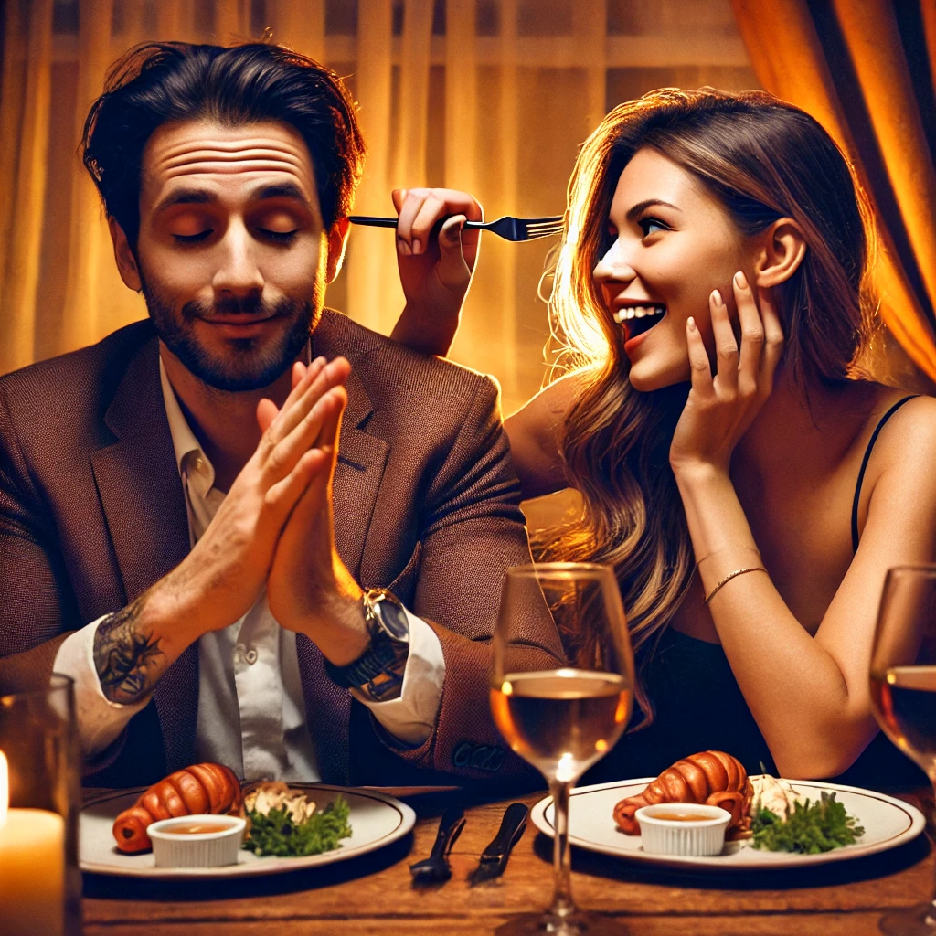 A couple having romantic dinner but the man is pretending to not understand what the woman is asking or saying.