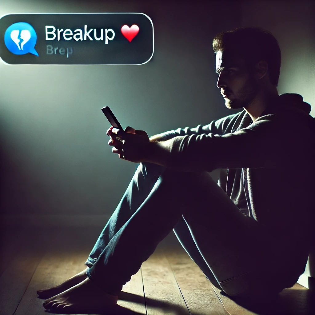 A man sitting in the dark with a phone in his hands breaking over text with his girlfriend
