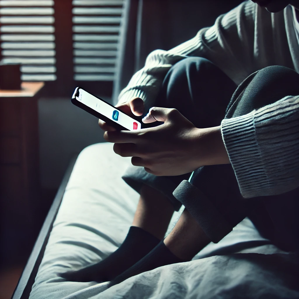 A person in front of a phone going through break up over text