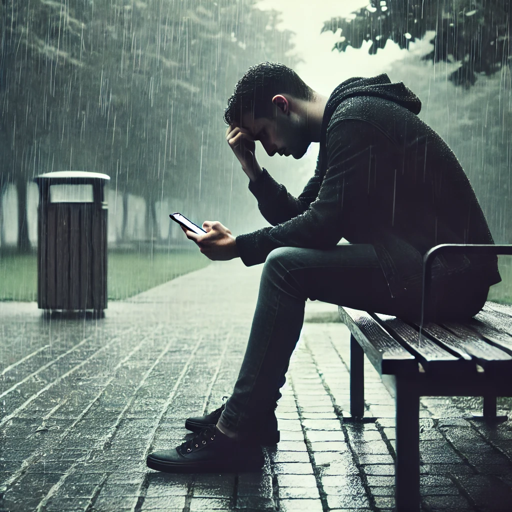 A man sitting on a bench under the pouring rain with a phone in his hands