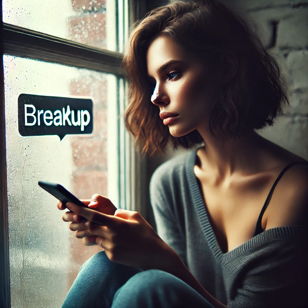 A woman gazing through a window during a break up over text.