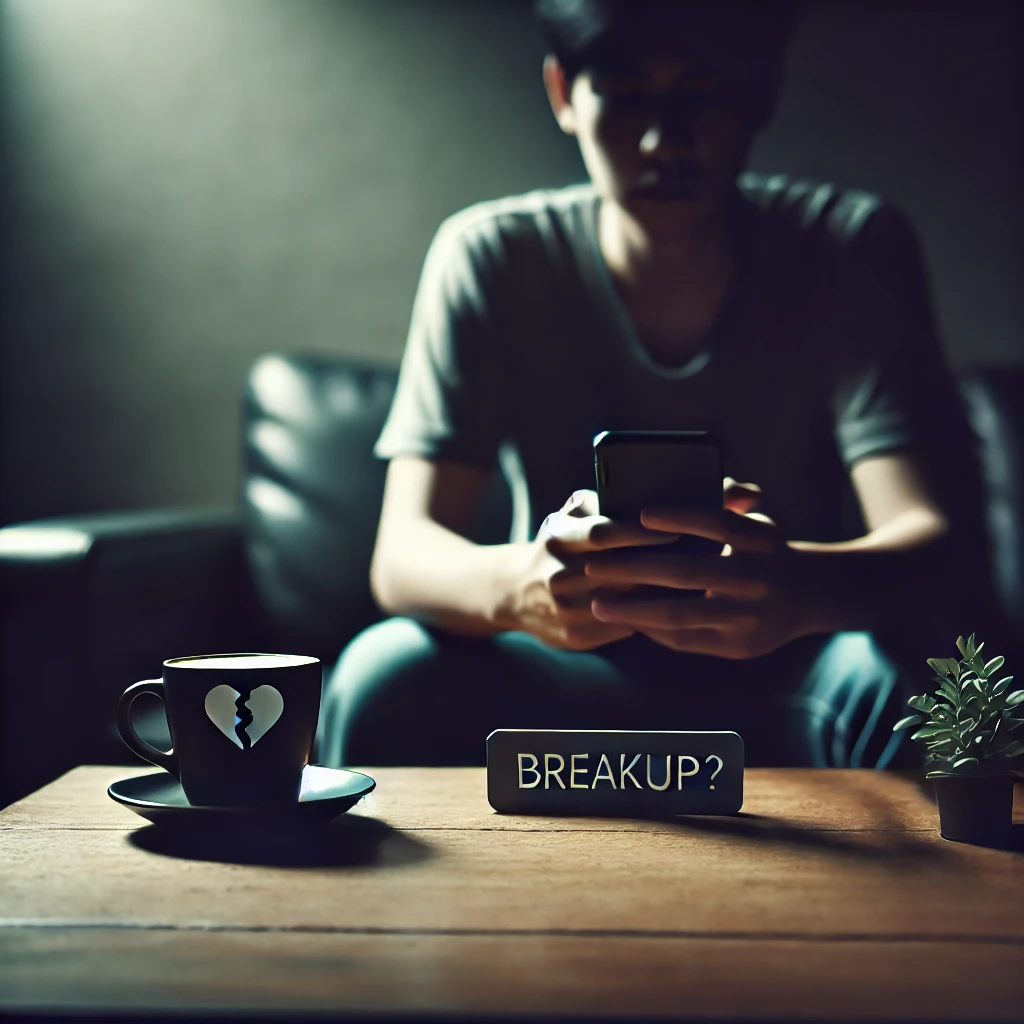 A person drinking coffee and holding a phone while break up over text